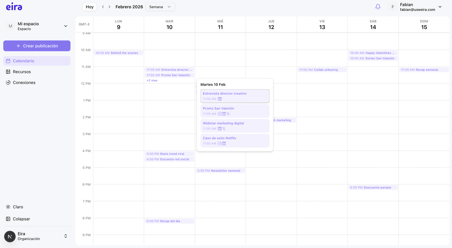 Vista del calendario de Eira mostrando la programacion semanal de publicaciones